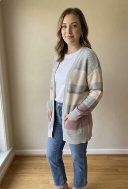 Ribbed Knit Striped Open Front Cardigan Boho Cozy M Grey Cottagecore Layering